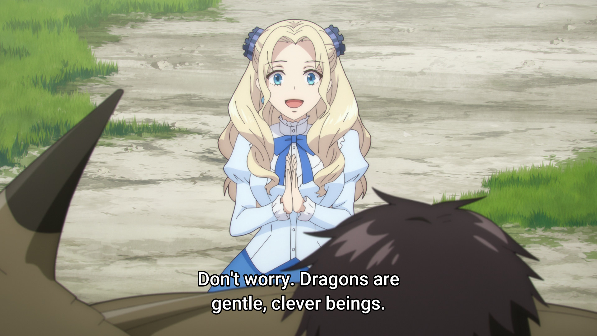 Screenshot from the anime "Yarinaoshi Reijou wa Ryuutei Heika wo Kouryakuchuu". A young woman says "Donm't worry. Dragons are gentle, clever beings."