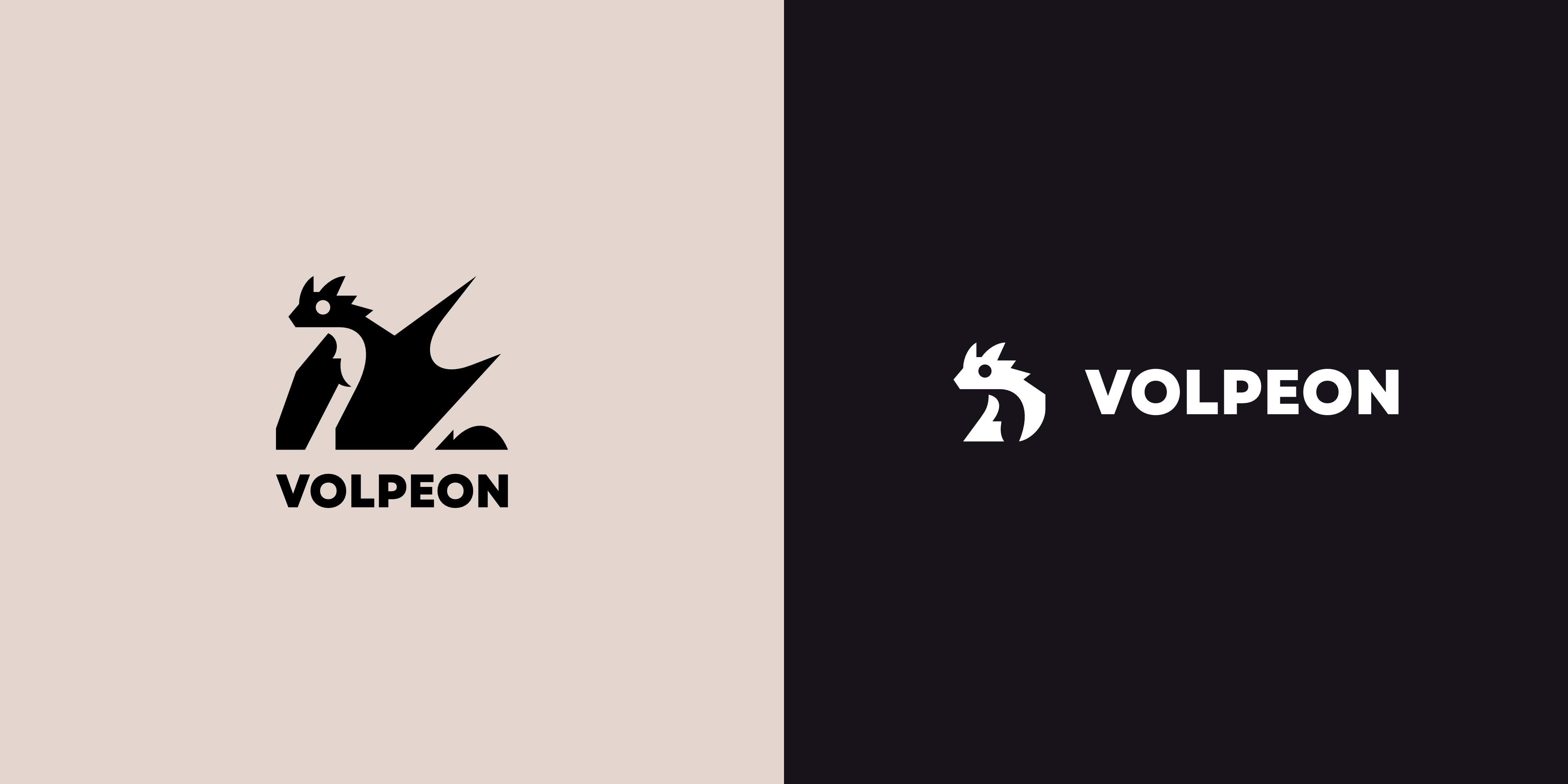 Two versions of a logo showing my wyvern character. 

The first one is the complete wyvern standing towards the left side and resting its wings on the ground in front of it. The shapes are very simple with many straight lines and only a few curves. The text below says "VOLPEON".

The second one is just the head from the former version, but with some adjustments to make it work better for the format. The text is the same, but placed to the right of the logo now.