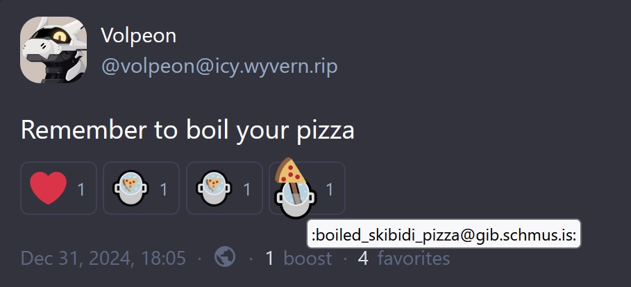 Vel reacted with the emoji "boiled_skibidi_pizza" to my post.